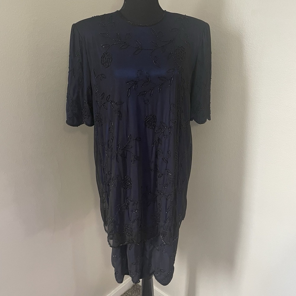 Vintage BRILLIANTE BY J.A. Sz XL Navy Beaded Sequined Dress Layer Illusion Glam - Picture 3 of 11